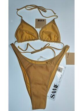 SAME Los Angeles Bikini Set XS Beige Faux Suede Tie Side Triangle NWT